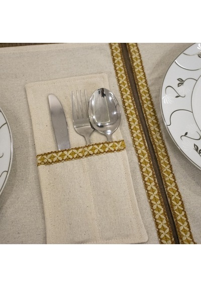 Dnc Home Tekstil Ndchome Keten Dokuma Şeritli 6lı Amerikan Servis Seti Kaşıklık Hediyeli 35x55 Krem