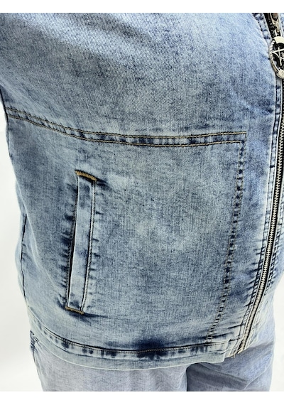 Trieste Büyük Beden Fermuarlı Lale Desenli Yıkamalı Denim Kapri Kol Kadın Ceket Mavi