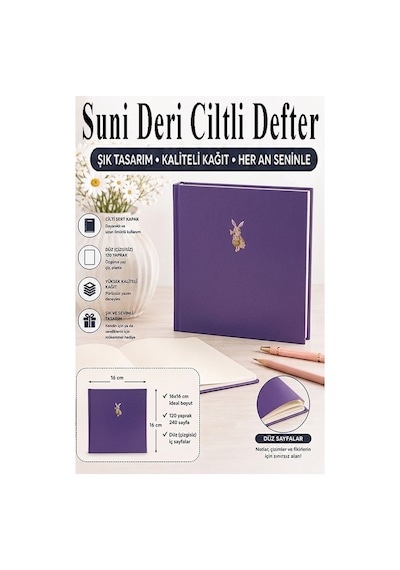 Kare Not Defteri 16x16cm 1 Adet Lizz Sert Kapak 120 Yaprak Ciltli Çizgisiz Özel Anı Günlük Defteri Suni Deri Açık Pembe