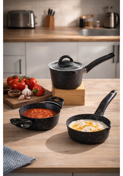Porsima 4398 4 Parça Kaçerola Sosluk Sütlük Mini Granit Tencere Sahan Seti Siyah 14cm siyah
