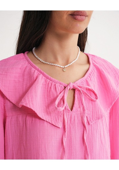 Mixray 4714 Kadın Yakası Volanlı Bol Müslin Bluz Pembe
