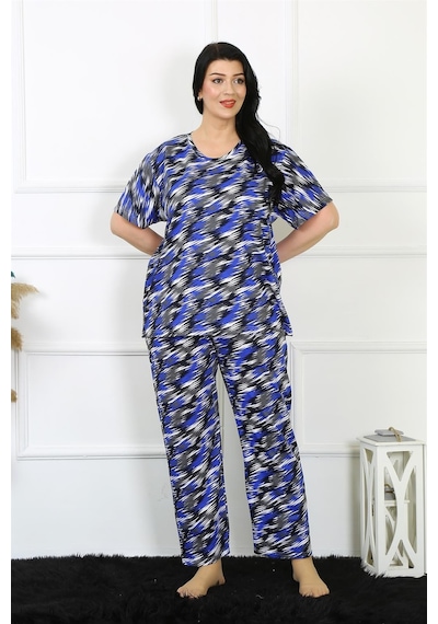 Akbeniz Kadın 5xl-6xl-7xl-8xl Büyük Beden Kısa Kol Pijama Takım 75010-saks Saks Mavi