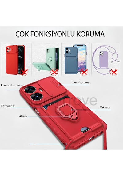 Apple Uyumlu iPhone 16 Kılıf Kamera Koruma Sürgülü Kartvizitli Kartlıklı Standlı İpli Renkli Kapak