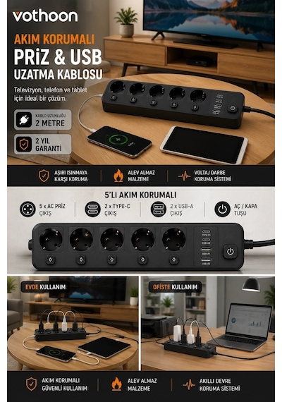 Akım Korumalı 5 Li Priz 2xusb 2xtype-c Çıkış Akım Koruma Çoklu Priz Çoğaltıcı Anahtarlı Ftr-31 Siyah