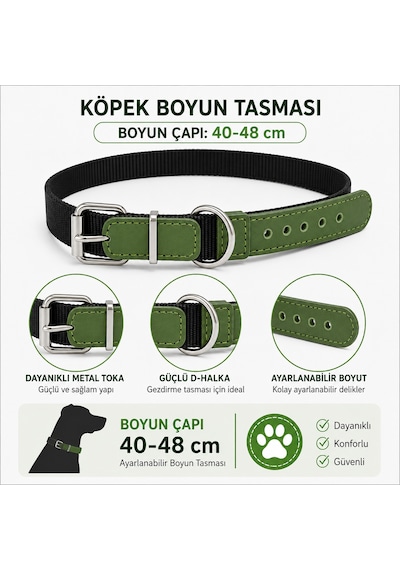 Köpek Boyun Tasması 40-48 Cm Dokuma Naylon Haki Deri Detaylı Metal Tokalı - Siyah Çok Renkli