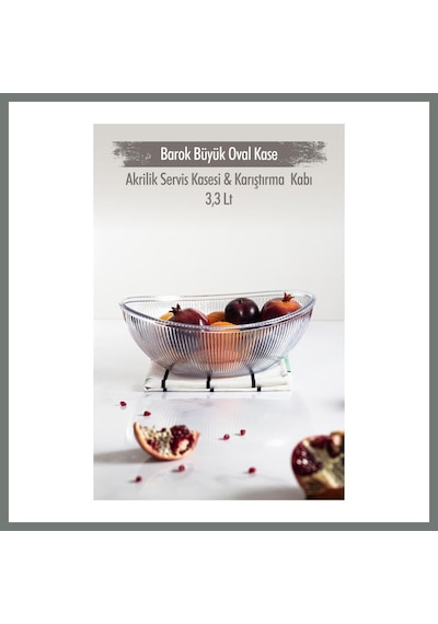 Bezos Akrilik Barok Şeffaf Büyük Oval Meyve & Salata Kasesi & Karıştırma Kabı / 3,3 Lt Cam Değildir Mmbz
