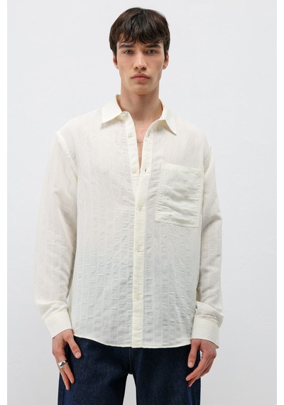 Vamos Modal Kumaş Çizgili Oversize Gömlek Beyaz