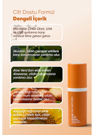 İva Natura Organik Mineral Filtreli Spf 50 Güneş Kremi Çinko Oksit İçerikli Hassas Ciltler İçin 30 Ml