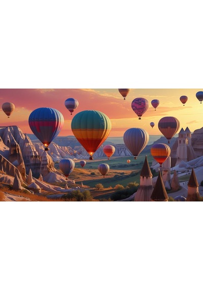 Doğa Ve Manzara Yatay Kapadokyada Gün Doğumunda Peri Bacalarının Üzerinde Balonlar 01 Çerçevesiz 90x60cm Pvc Tablo