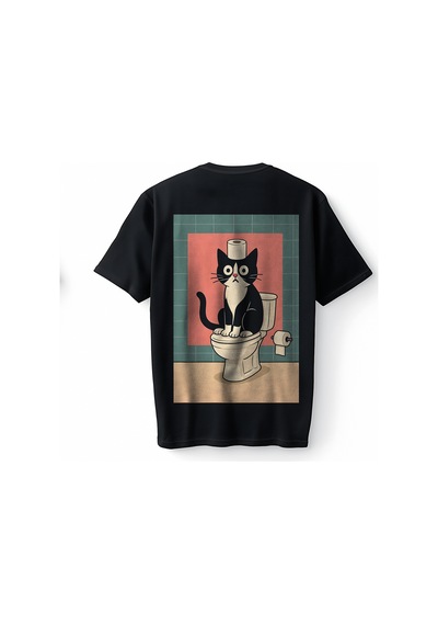Bumeta Komik Kedi Baskılı Funny Cat Bathroom Graphic Oversize Unisex Tişört T-shirt Siyah