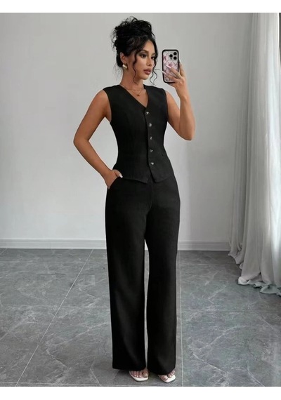 Defymoda Kadın Askılı Önden Düğmeli Bluz Ve Pantolon Keten Ikili Takım Siyah Defymoda Kadın Askılı Önden Düğmeli Bluz Ve Pantolon Keten Ikili Takım Siyah
