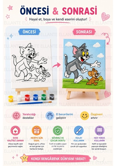 Tom & Jerry Baskılı Boyama Tuvali Seti 20x20 Cm 6 Renk Akrilik Boya + Fırça Dahil Çocuklar İçin