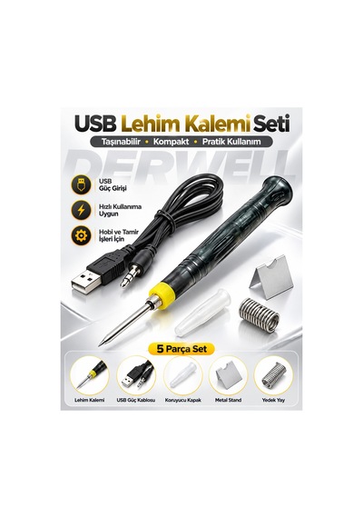 Yeni 2026 Usb Lehim Kalemi Seti 5 Parça Taşınabilir Kompakt Mini Havya Tamir Seti Hobi Elektrikli Lehimleme Makinesi Usb Güç Kablosu Metal Stand Koruyucu Kapak Yedek Yay Havya Ucu