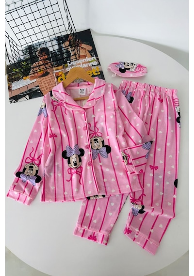 Minigimin Cicileri Desenli Göz Bantlı Kız Çocuk Mevsimlik Pijama Takımı - Fuşya