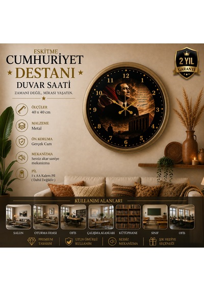 Eskitme Cumhuriyet Destanı 40 X 40 Cm Metal Duvar Saati