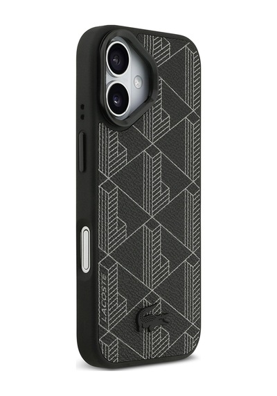 Apple Uyumlu iPhone 17 Kılıf Lacoste Lisanslı M-safeli Standlı Pu Deri Karışık Monogram Desenli Kapak Siyah Siyah