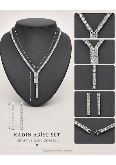 Lumière Işıltı Kristal Taşlı Y Kolye Küpe Kadın Abiye Takı Seti Renkli