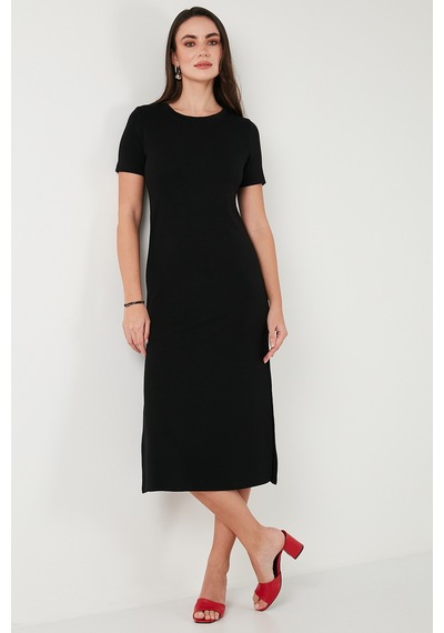 Lela Regular Fit Bisiklet Yaka Yırtmaç Detaylı Midi Bayan Elbise 5866165 Siyah