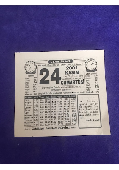 24 Kasım 2001 Takvim Yaprağı - Nostalji Koleksiyonluk Takvim Yaprağı B