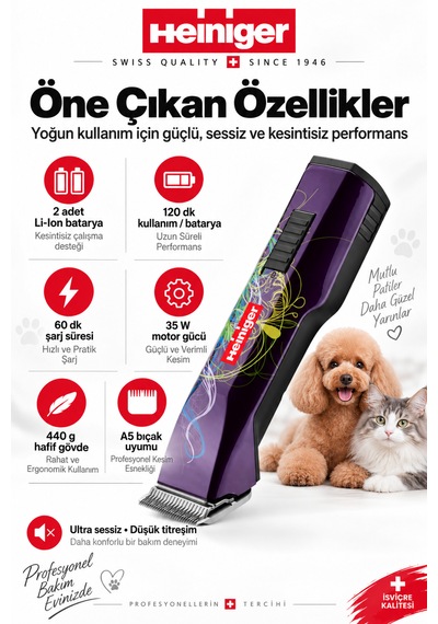 Heiniger Saphir Style Mor Kablosuz Kedi Köpek Tıraş Makinesi - Yedek Bataryalı