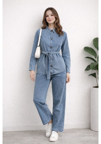 Hiramir Kadın Modern Kesim Kuşaklı Denim Takım Yz2601 Mavi