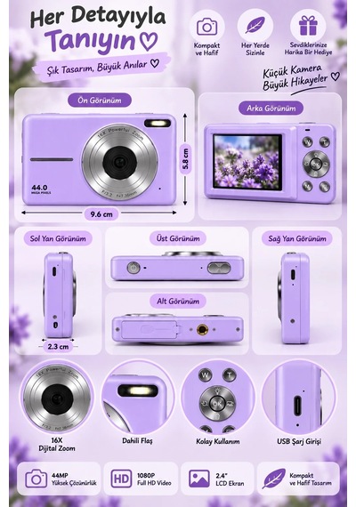 4k Figürlü Çantalı Dijital Video Kamera 44mp 16x Zoom Işıklı Kart Dijital Fotoğraf Makinesi 64gb Hafıza Kart li Mor