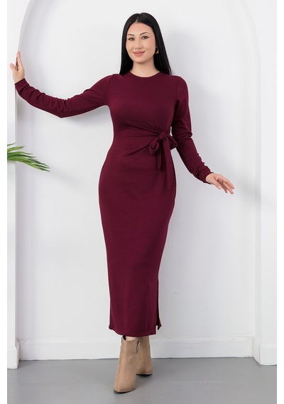 Kalopya Yandan Bağlamalı Yırtmaçlı Model Elbise Dks1136 Bordo