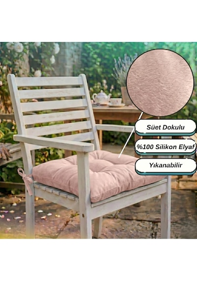 4 Adet - 40x40 Cm Lüks Süet Dokulu Gül Kurusu Sandalye Minderi - %100 Silikon Elyaf Dolgulu Yıkanabilir Minder