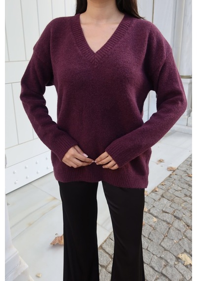 Kechi Woman V Yaka Oversize Triko Kazak Bordo