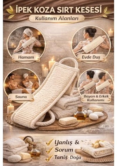 İpek Koza Sırt Kesesi, Doğal İpek Lifli Özel Dokuma, Çift Tutma İpli Ergonomik Tasarım, Hamam Ve Banyo Kullanım