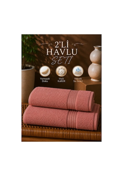 2 Li Banyo Havlu Seti 70x140 + 50x90 Yumuşak Dokulu Yüksek Emici Banyo Ve El Yüz Havlusu Takımı Pembe
