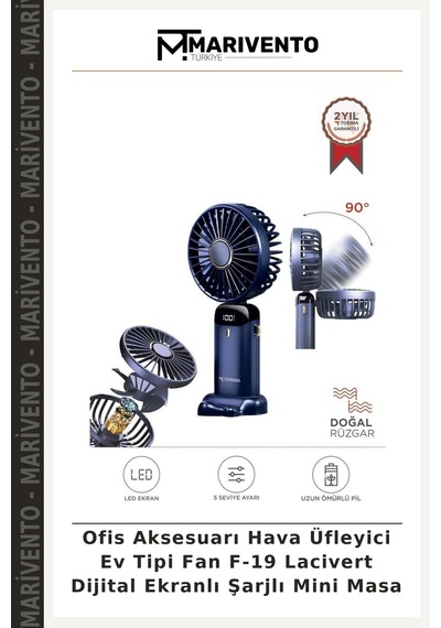 Ofis Aksesuarı Hava Üfleyici Ev Tipi Fan F-19 Lacivert Dijital Ekranlı Şarjlı Mini Masa