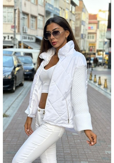 Keyifli Moda Kadın Beyaz Dik Yaka Kolları Triko Cepleri Fermuarlı Şişme Mont - 36 Beyaz