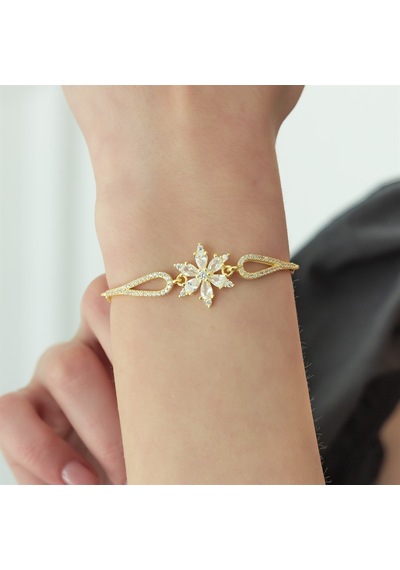 Nereze 925 Ayar Kelepçe Model Gold Beyaz Çiçek Bileklik Kadın Gümüş Bileklik