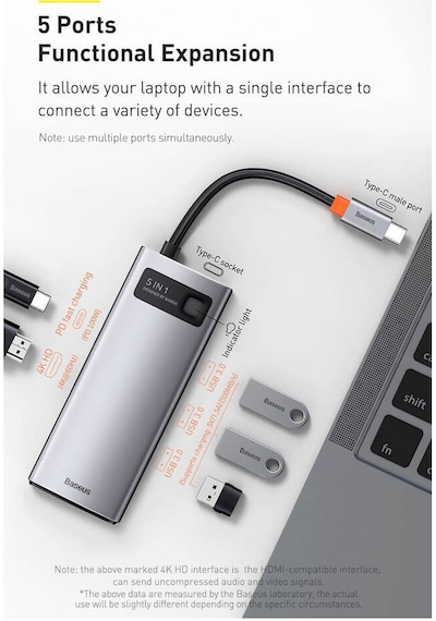 Baseus Metal Gleam 5in1 Multifonksiyonel Type-C Hub Dock Station