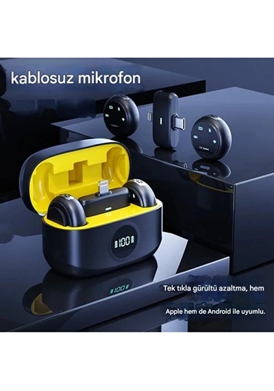 C-08 Kablosuz Profesyonel İkili Yayın Yaka Mikrofonu Şarj Kutu Mıknatıslı Typce Lightning Çıkış Mikr