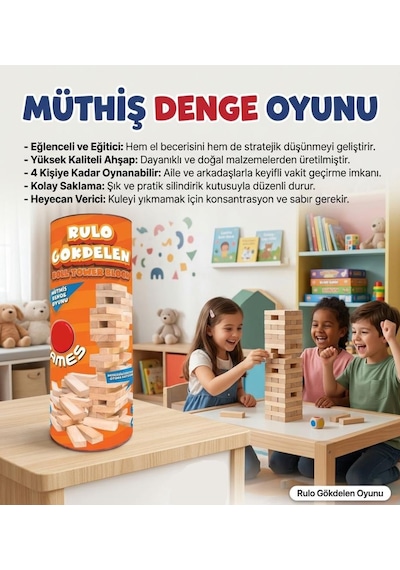 Rulo Gökdelen 54 Parça Ahşap Rulo Kutulu Eğitici Ve Zeka Aile Denge Oyunu