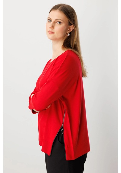 On Fashion Kadın Yanları Fermuarlı Kırmızı Bol Kazak 65389 Kırmızı