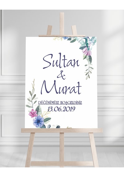 Söz Nişan Düğün İçin 50x70 Karşılama Panosu - Mavi Renk Çiçek Temalı 03 Beyaz