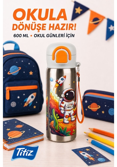 Siply Desenli Paslanmaz Çelik Okul Matarası 600ml Pembe Beyaz Turuncu