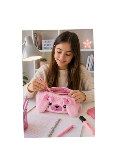 Pembe Peluş Tatlı Köpek Fermuarlı Tek Bölmeli Kız Kalemlik 1 Adet Tek Bölmeli Kalemlik Organizer 2215 Makyaj Çantası