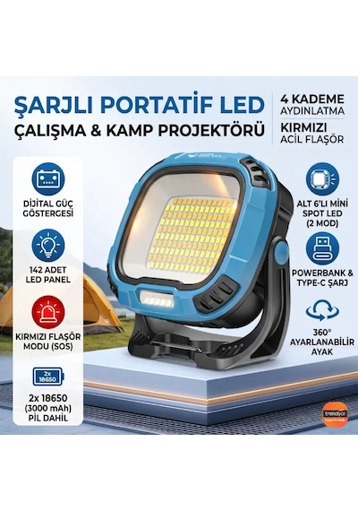 İdragon W892-1 Şarjlı Portatif Led Çalışma Ve Kamp Projektörü- 4 Kademeli Işık, Kırmızı Acil Flaşör, Alt Spot Led, Mıknatıslı & Powerbankli Işıldak 2x 18650 3000mah Pil Dahil Beyaz