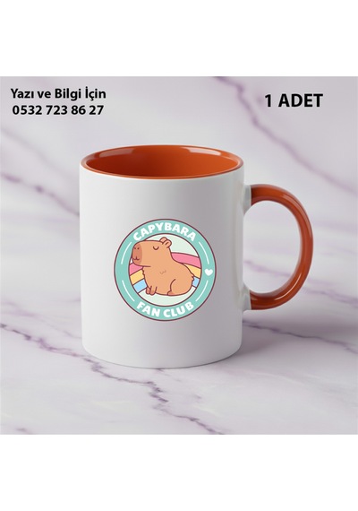 Capybara Kaliteli Porselen İsim Yazılabilir Premium Hediyelik Baskılı Kupa Bardak Doğum Günühediyesi Turuncu