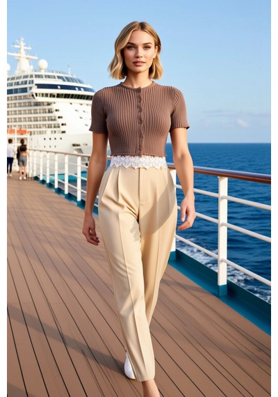 Benerly Kadın Bluz Regular Fit Bisiklet Yaka Kısa Kol Fitilli Triko Crop Vizon