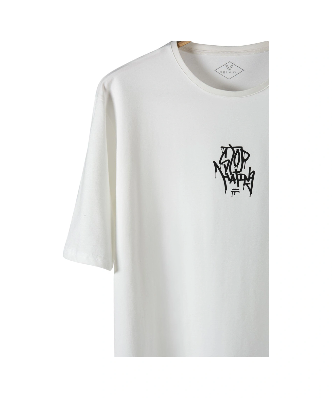 Veaven Unisex Beyaz Bisiklet Yaka Önü Arkası Stop Hating Baskılı Oversize T-shirt Beyaz1