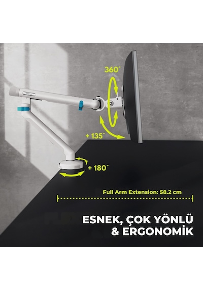 Özel Tasarım Tekli Monitör Kolu Max 35" 10kg Taşıma Kapasiteli Mekanik Yaylı Hızlı Tak-çıkar Vidasız Montaj Beyaz
