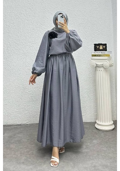 Neşeli Butik Kadın Çiçek Detaylı Etekli Tesettür Takım Nms004 Gri
