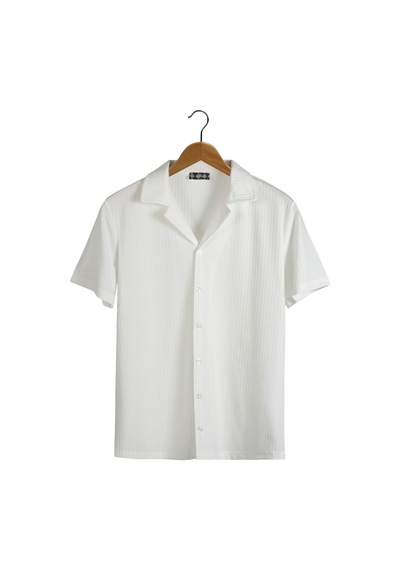 Erkek Beyaz Kısa Kollu Slim Fit Desenli Pamuklu Yazlık Gömlek Beyaz