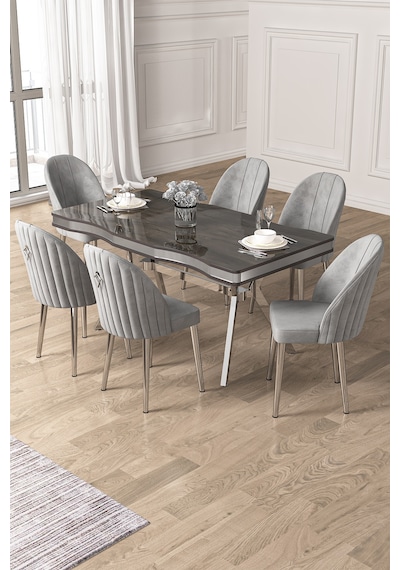 Canisa Pem Serisi 90x160 Lak Panel Antrasit İroni Krom Ayak Masa Takımı 6 Gri Sandalye Antrasit İroni Masa Gri Sandalye Canisa Pem Serisi 90x160 Lak Panel Antrasit İroni Krom Ayak Masa Takımı 6 Gri Sandalye Antrasit İroni Masa Gri Sandalye