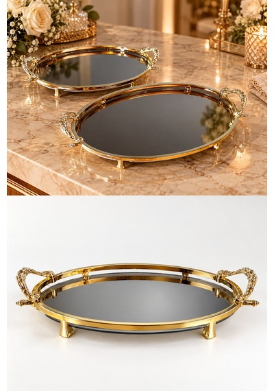 Gold Kaplama Füme Aynalı Söz Nişan Tepsisi 2 Li Set Kız İsteme, Damat Kahve Ve Sunum Tepsisi - 929146826 Diğer
